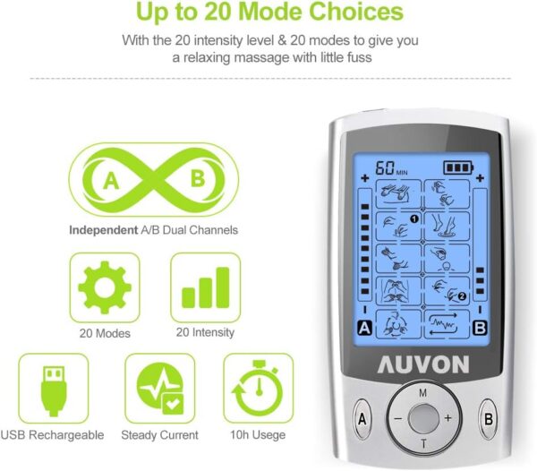 AUVON Dual Channel TENS Machine with 20 Modes